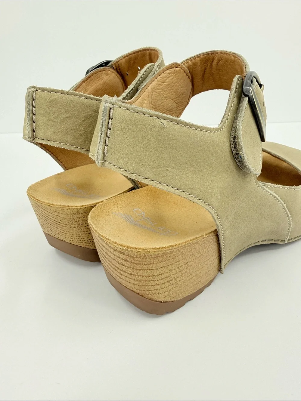 Dansko Tiana Peep-Toe Wedge Sandals in Khaki Leather Size 37 or 6.5-7
